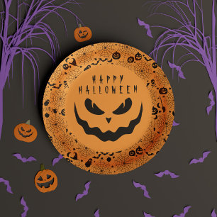 Assiettes En Carton Joyeux Halloween Citrouille noire et orange