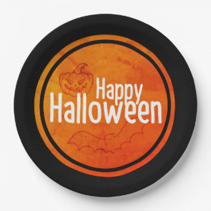 Assiettes En Carton Joyeux Halloween noir et orange