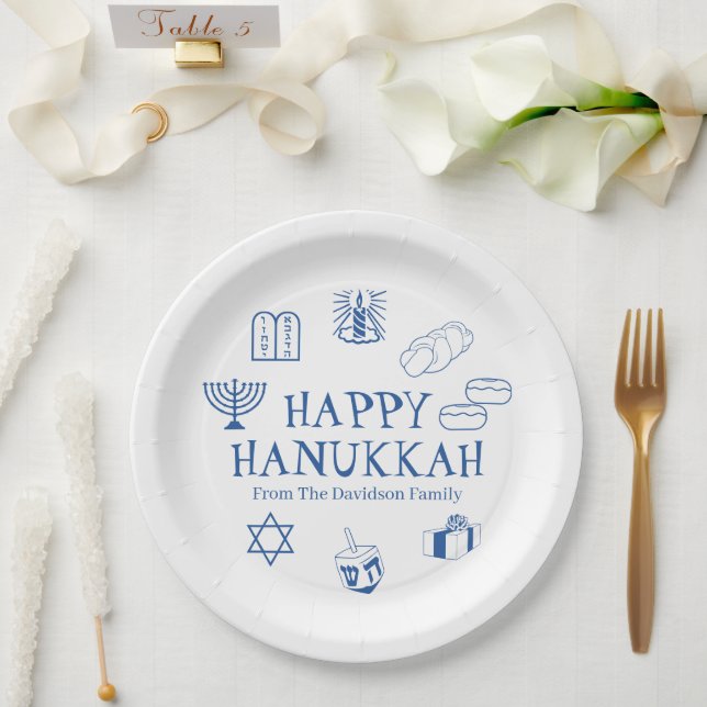 Assiettes En Carton Joyeux Hanoukka bleu blanc nom de famille personna (Mariage)