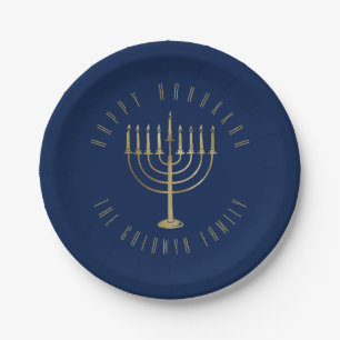 Assiettes En Carton Joyeux Hanoukka Blue et Gold Menorah Holiday