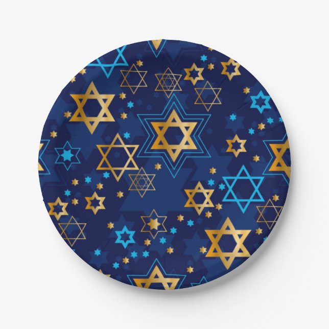 Assiettes En Carton Joyeux Hanoukka Etoile Juive Menorah Bleu (Devant)