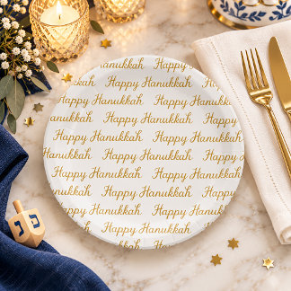 Assiettes En Carton Joyeux Hanukkah en élégante écriture dorée