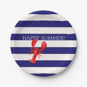 Assiettes En Carton Joyeux homard rouge bleu blanc rayures été