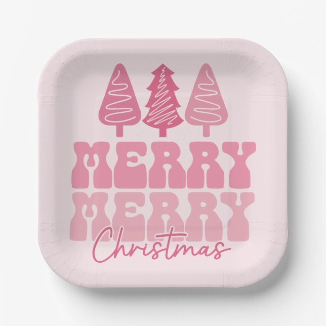 Assiettes En Carton Joyeux Joyeux Noël - Conception des Fêtes Rose (Recto)