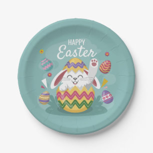 Assiettes En Carton Joyeux lapin de Pâques et oeufs colorés