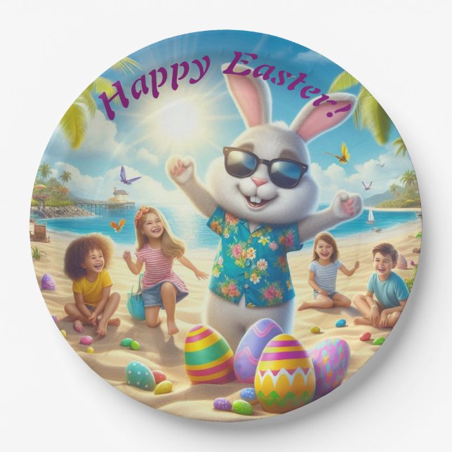 Assiettes En Carton Joyeux lapin de Pâques sur la plage (Devant)