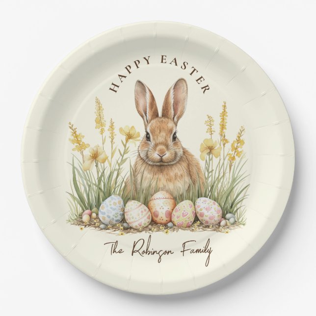 Assiettes En Carton Joyeux lapin de printemps de Pâques mignon (Devant)