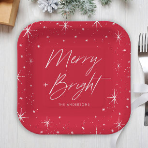 Assiettes En Carton Joyeux moderne et lumineux Script Red Holiday