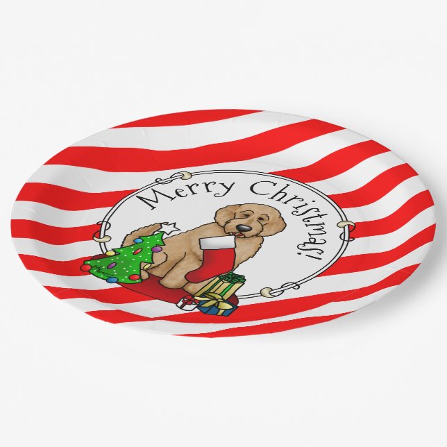 Assiettes En Carton Joyeux Noël 2 Goldendoodle (rouge doré) mignonne (Angle)