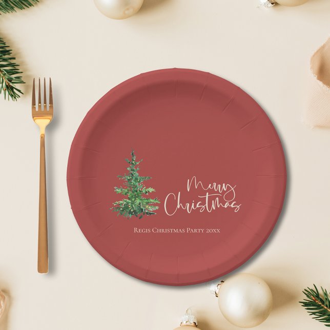 Assiettes En Carton Joyeux Noël à l'Aquarelle Minimale (Minimalist Watercolor Tree Merry Christmas Party Paper Plates)