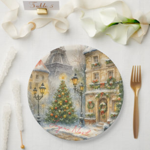 Assiettes En Carton Joyeux Noël à Paris aquarelle Tour Eiffel 