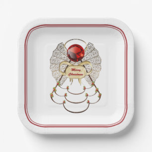 Assiettes En Carton Joyeux Noël Angel Rouge/Gold Filigree