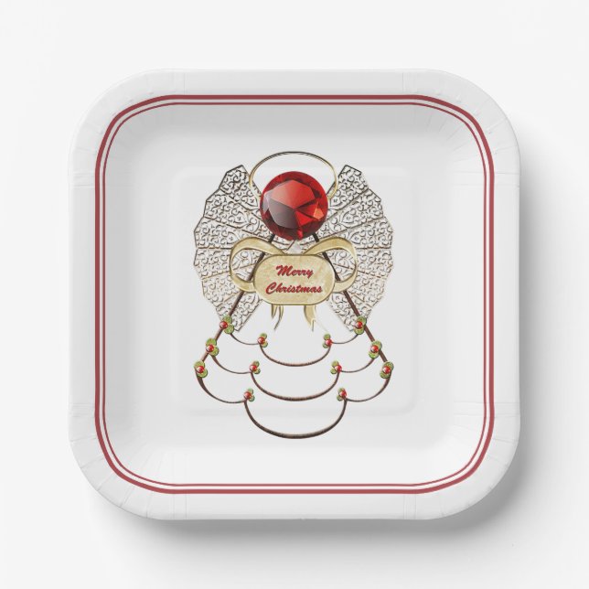 Assiettes En Carton Joyeux Noël Angel Rouge/Gold Filigree (Recto)