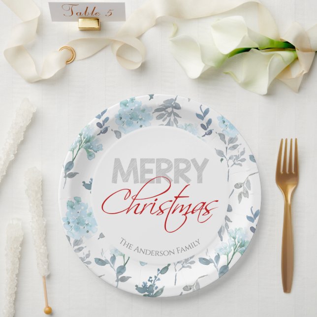 Assiettes En Carton Joyeux Noël | Aquarelle bleue Florale (Mariage)