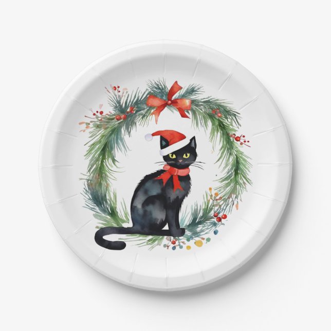 Assiettes En Carton Joyeux Noël aquarelle Chat noir et couronne (Devant)