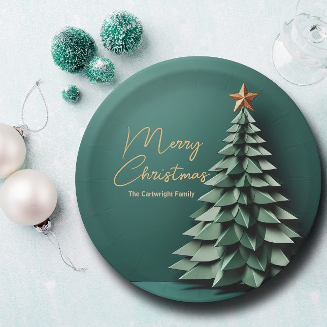 Assiettes En Carton Joyeux Noël Arbre magnifique Green Gold Party (Créateur téléchargé)