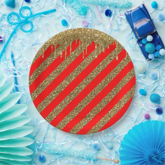 Assiettes En Carton Joyeux Noël - bande de parties scintillant rouge (Fête)