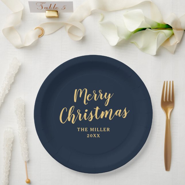 Assiettes En Carton Joyeux Noël bleu marine moderne (Mariage)