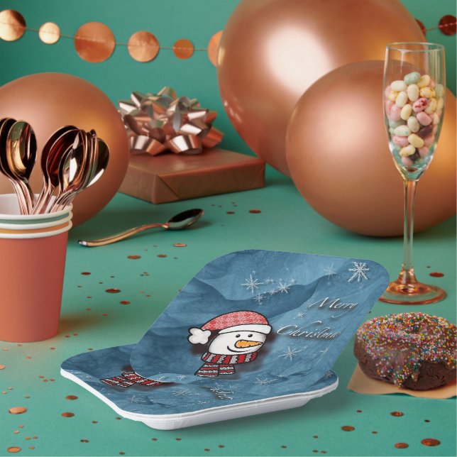 Assiettes En Carton Joyeux Noël, bonhomme de neige avec des vêtements  (Multi)