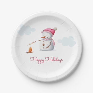 Assiettes En Carton Joyeux Noël Bonhomme de Neige Rose Guimauve