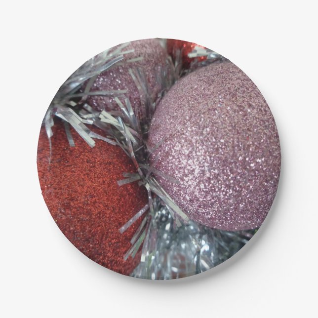 Assiettes En Carton Joyeux Noël Boule Rouge Rose Papier Plaques (Devant)