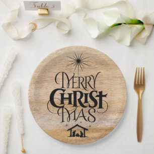 Assiettes En Carton Joyeux Noël Calligraphie religieuse Bois rustique
