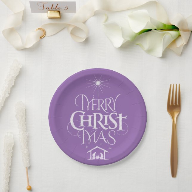 Assiettes En Carton Joyeux Noël Calligraphie Religieuse Chalk Purple (Mariage)