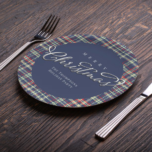 Assiettes En Carton Joyeux Noël Calligraphie Script Navy Blue Plaid