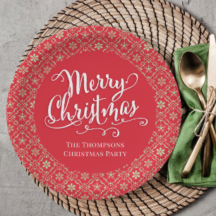 Assiettes En Carton Joyeux Noël Calligraphie Script Red Snowflake