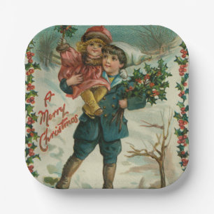 Assiettes En Carton Joyeux Noël - carte postale rétro, enfants, houx