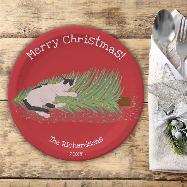 Assiettes En Carton Joyeux Noël ! Chat contre Sapin de Noël des Fêtes (Créateur téléchargé)