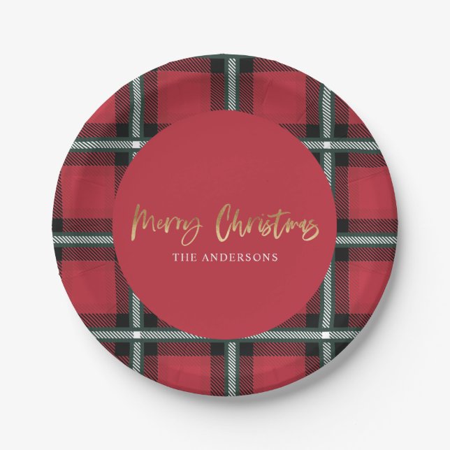 Assiettes En Carton Joyeux Noël de l'écriture or tartan rouge (Devant)