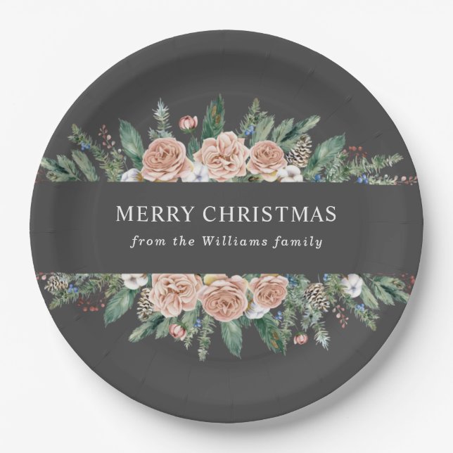 Assiettes En Carton joyeux Noël fleuri hiver moderne (Devant)