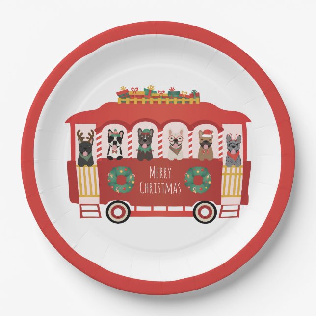 Assiettes En Carton Joyeux Noël Français Bulldogs Vacances Trolly (Devant)