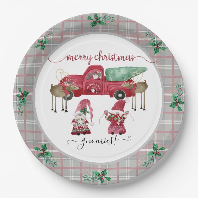 Assiettes En Carton Joyeux Noël Gnome Arbre ferme aquarelle (Devant)