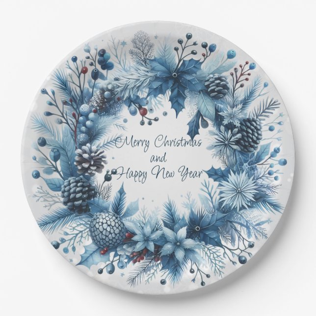 Assiettes En Carton Joyeux Noël Joyeux Nouvel An Couronne Bleue (Devant)