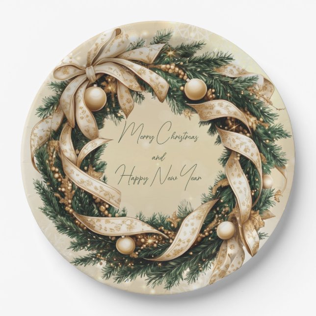 Assiettes En Carton Joyeux Noël Joyeux Nouvel An Gold Green Wreath (Devant)