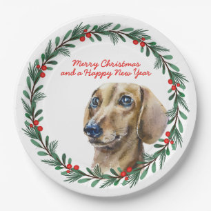 Assiettes En Carton Joyeux Noël mignon Dachshund Chien Vacances Wreath