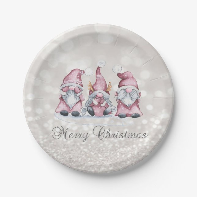 Assiettes En Carton Joyeux Noël, Parties scintillant Bokeh, Gnomes mig (Devant)