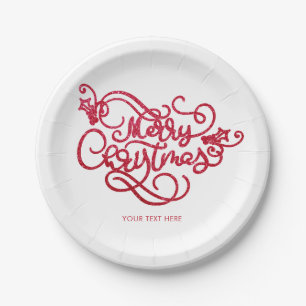 Assiettes En Carton Joyeux Noël Parties scintillant rouge Typographie 