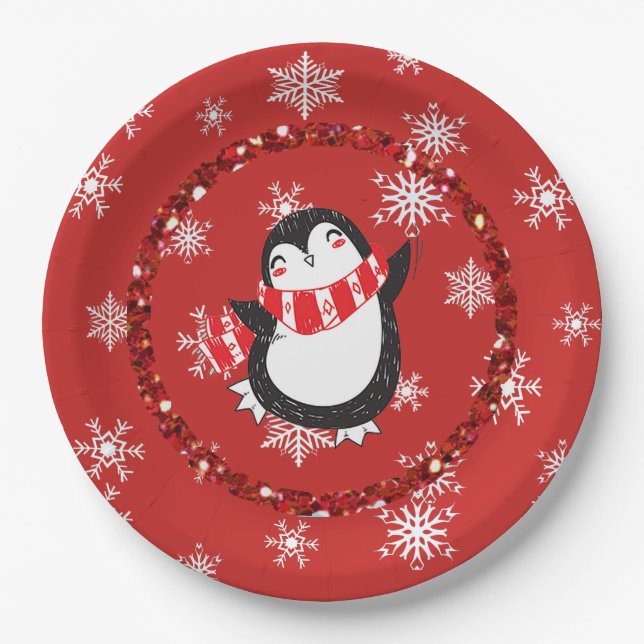 Assiettes En Carton Joyeux Noël Pingouin Fête Plaques papier (Devant)