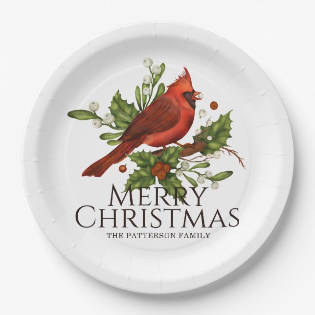 Assiettes En Carton Joyeux Noël Red Cardinal Holly Personnalisé (Devant)