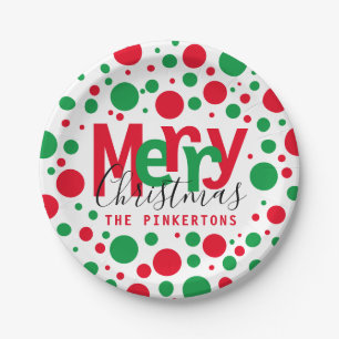 Assiettes En Carton Joyeux Noël Red Green Dots Typographie Monogramme