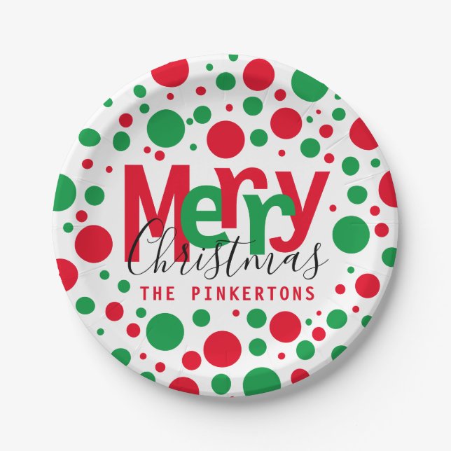 Assiettes En Carton Joyeux Noël Red Green Dots Typographie Monogramme (Devant)