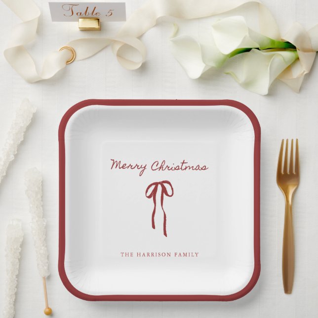 Assiettes En Carton Joyeux Noël Rouge Bow Plaques en papier de Noël (Mariage)