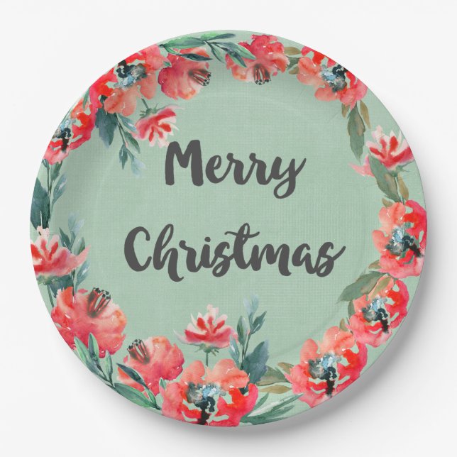 Assiettes En Carton Joyeux Noël Rouge Floral Aquarelle Wreath (Devant)