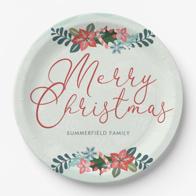 Assiettes En Carton Joyeux Noël Rouge Vert Nom de famille Personnalisé (Devant)