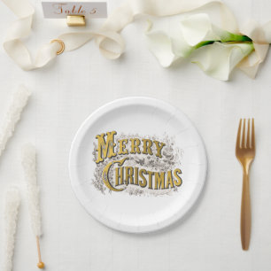 Assiettes En Carton Joyeux Noël Rustique Vintage or blanc