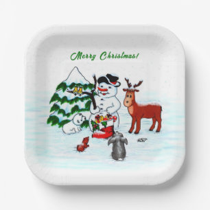 Assiettes En Carton Joyeux Noël ! Snowman avec amis