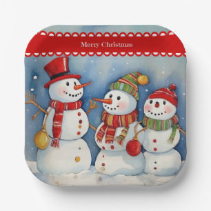 Assiettes En Carton Joyeux Noël, Trois Snowmen Colorés,
